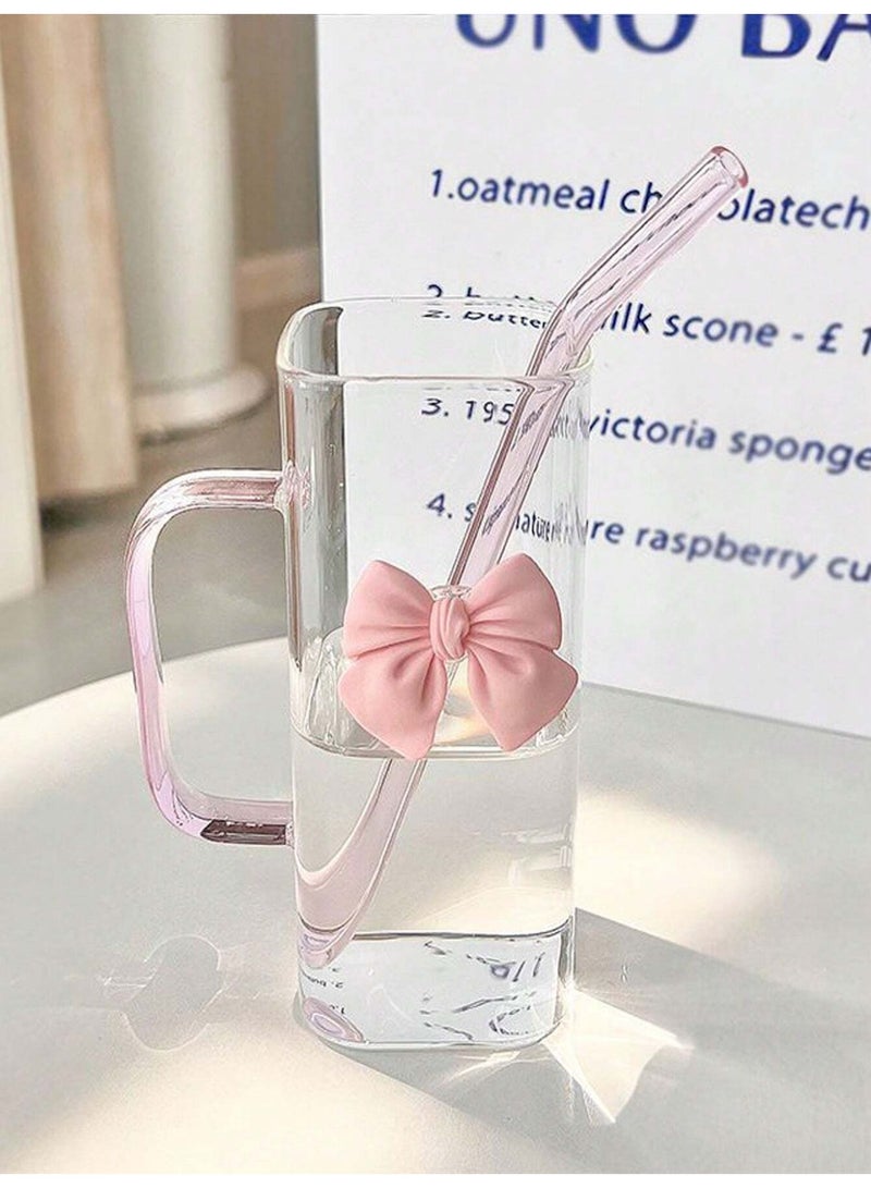 فاصولا كوب زجاجي مربع مبتكر، 1 قطعة سعة 380ml كأس للمشروبات مع مقبض وردي، كوب زجاجي من زجاج البورسليكات مع غطاء ومصاصة، كأس ماء مقاوم للحرارة مناسب لـ القهوة الباردة، الحليب، الشاي، العصير، هدية أنيقة لـ البنات و الطالبات (لون وردي) - Image 4